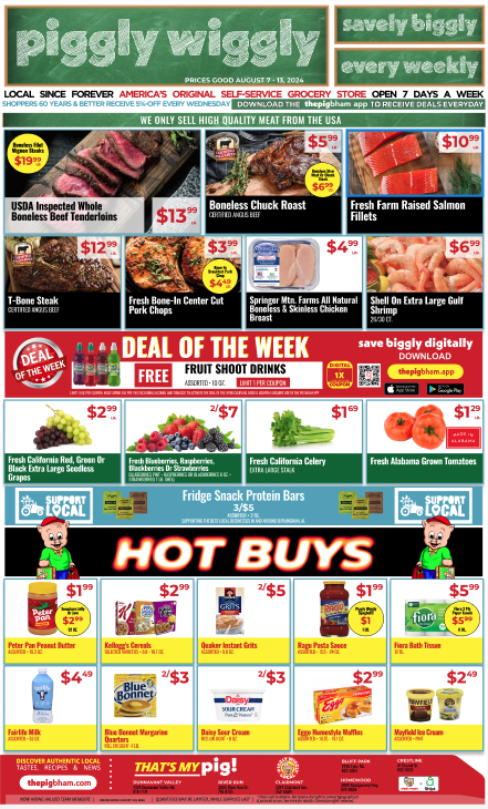 Piggly Wiggly weekly ad for August 7 to August 13, 2024, featuring deals on meats, produce, seafood, and other grocery items